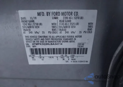 2020 Ford Edge Se из США, поврежденный, VIN 2FMPK3G90LBA34114